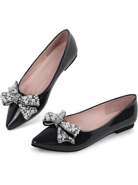 🆕Women's Dress Flats Comfortable Slip On Black Pointed Toe Pearl Shoes